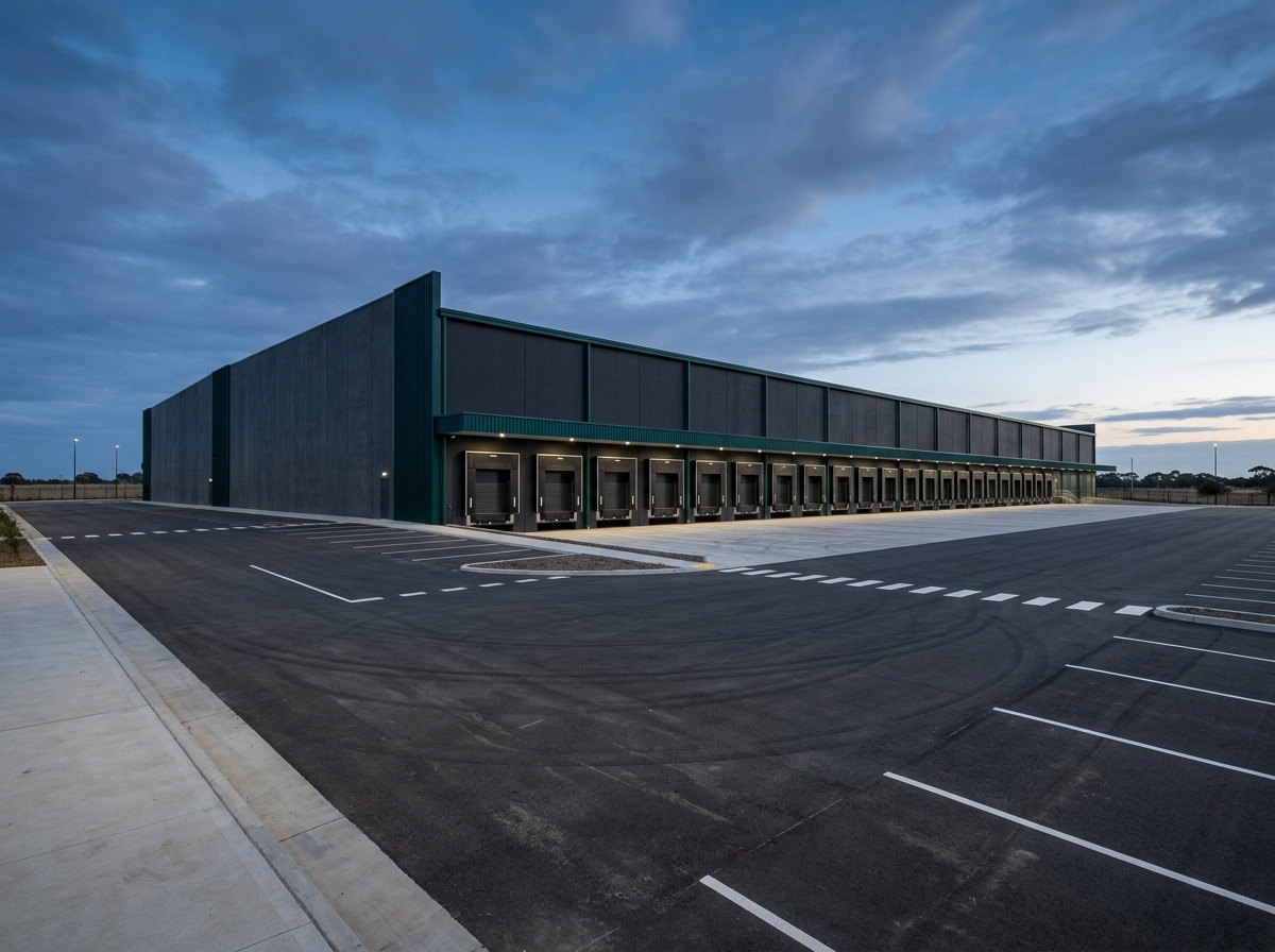 Industrial property at dusk