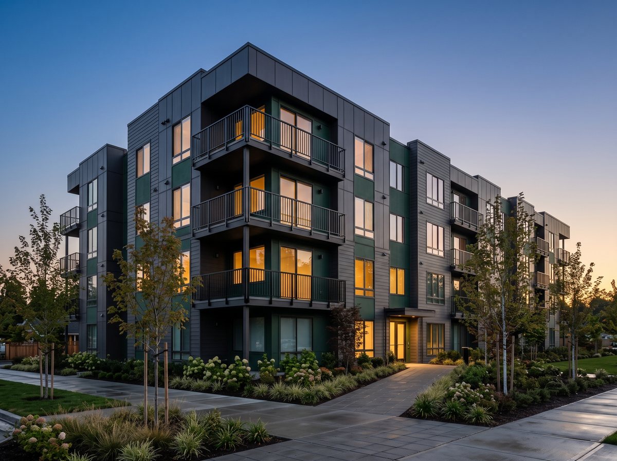 Multifamily property at dusk